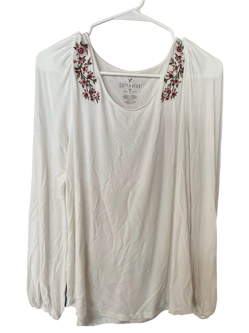 American Eagle Outfitters White Long-Sleeve Top with Floral Shoulder Embroidery